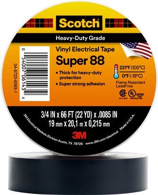 1-1/2" 3M Super 88 Scotch® Premium Vinyl Electrical Tape 105° C, black, 1-1/2" wide x 36 yds, 12 per case