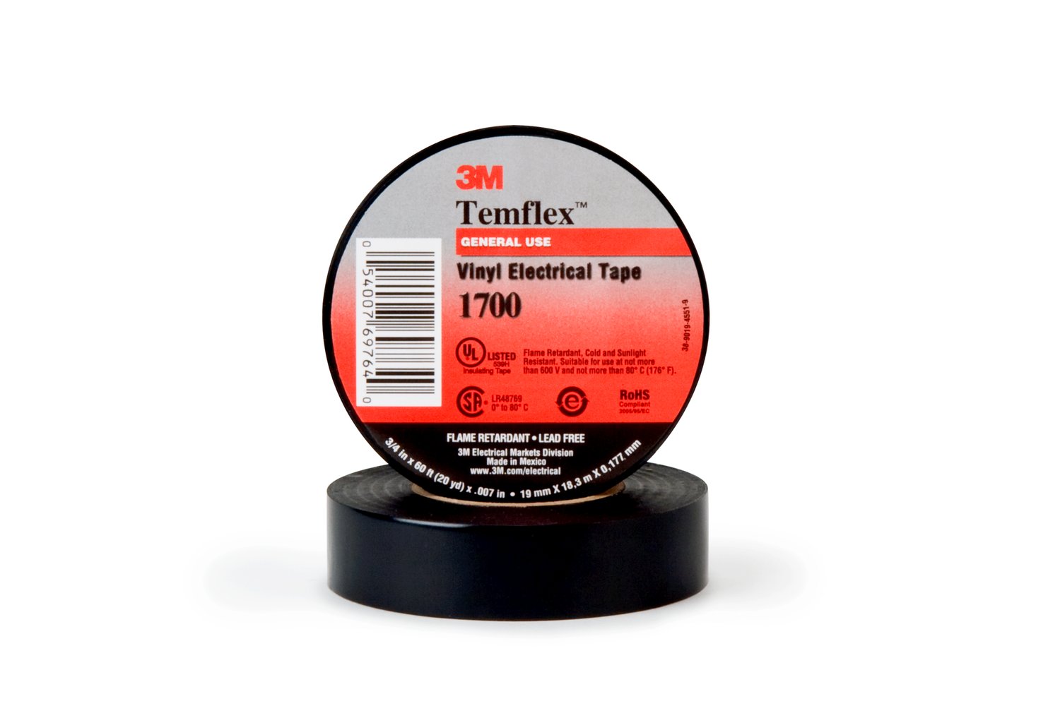 1/4" 3M Temflex 1700 Vinyl Electrical Tape with Non-Thermosetting Rubber Adhesive, black, 1/4" wide x  60 FT roll