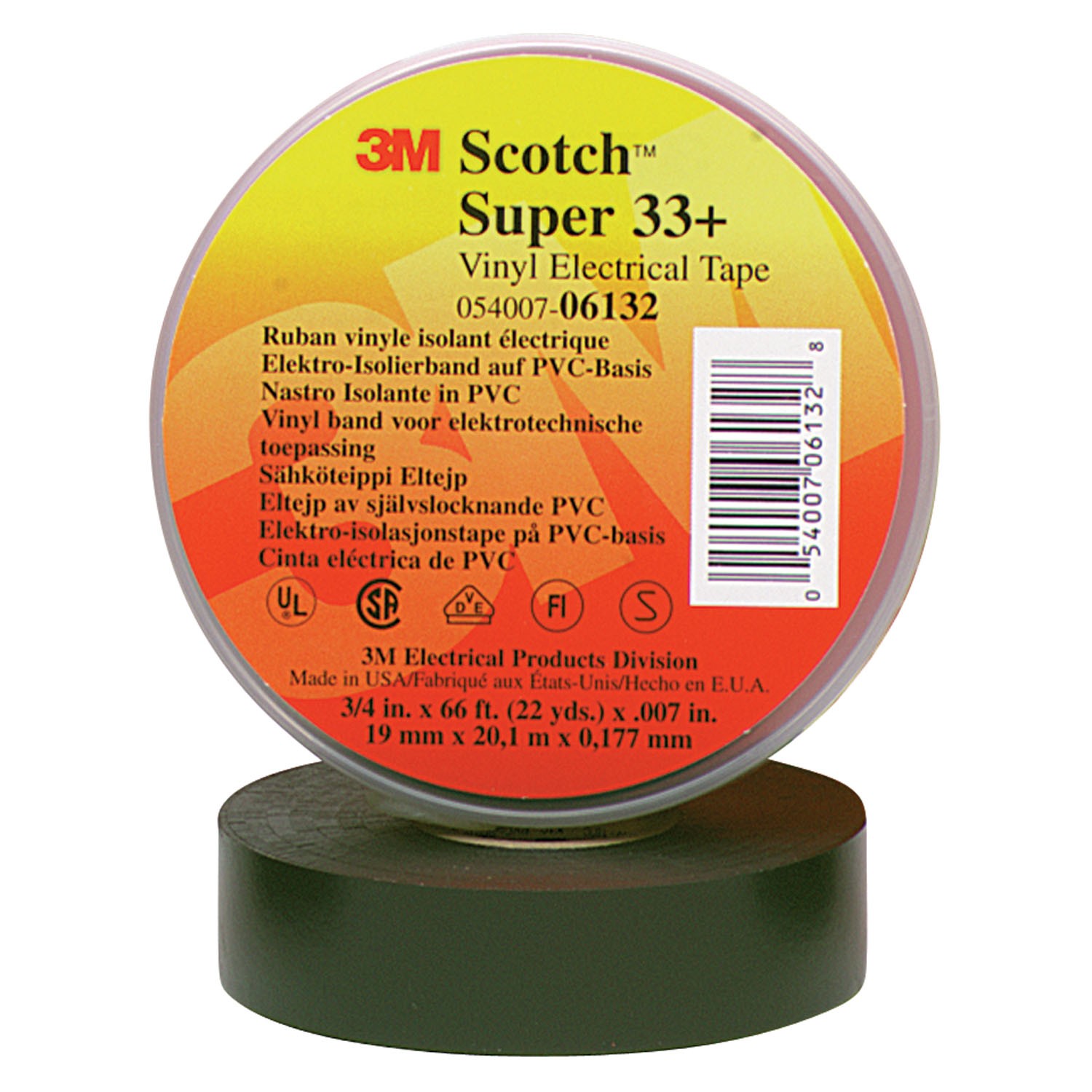 1/4" 3M Scotch Super 33+ Vinyl Electrical Tape with Non-Thermosetting Rubber Adhesive, black, 1/4" wide x  36 YD roll
