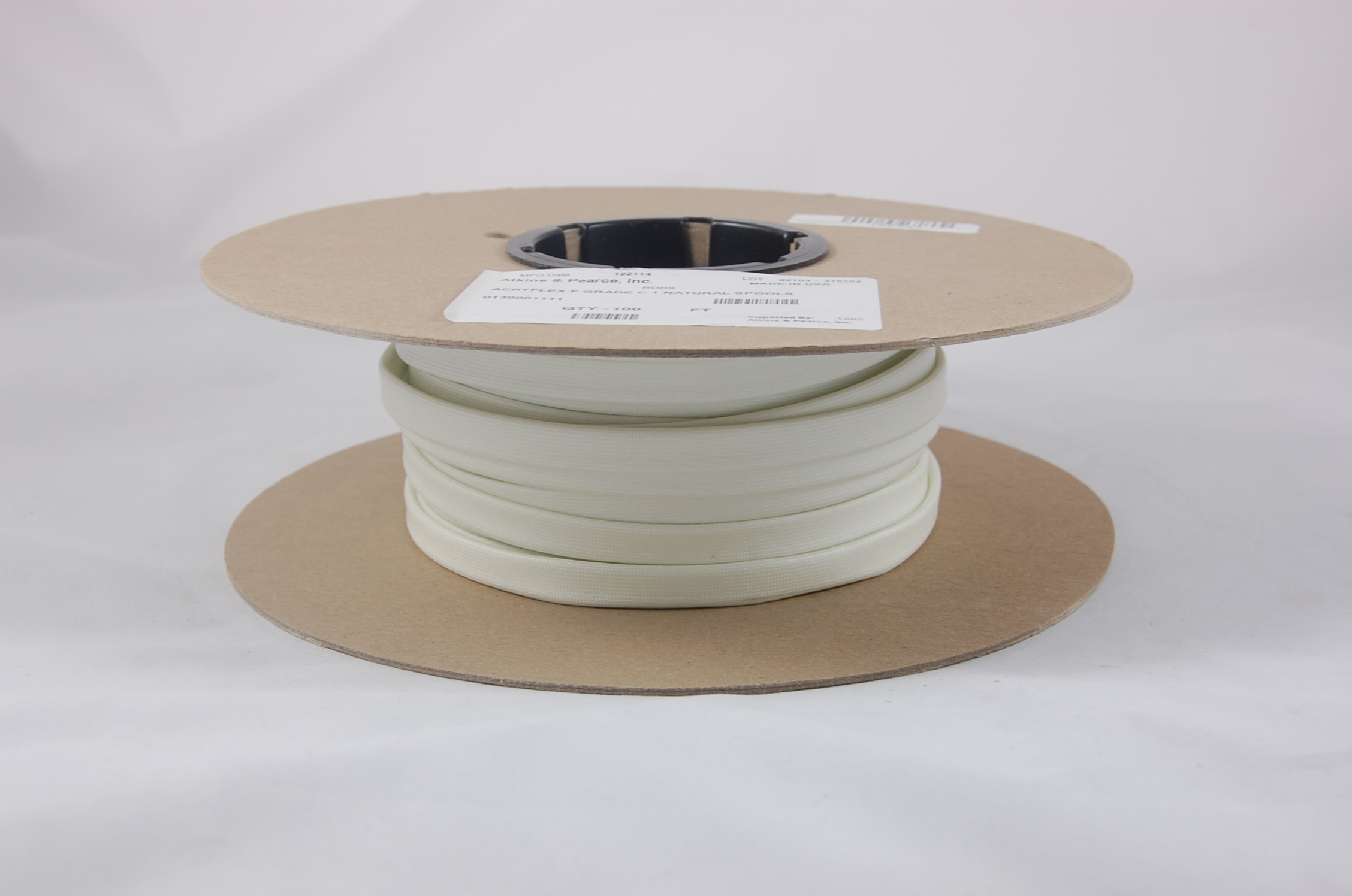 #14 AWG Suflex Acryflex F Grade B (4000V) Acrylic Coated Braided Fiberglass Sleeving (414F) 155°C, natural, 500 FT per spool