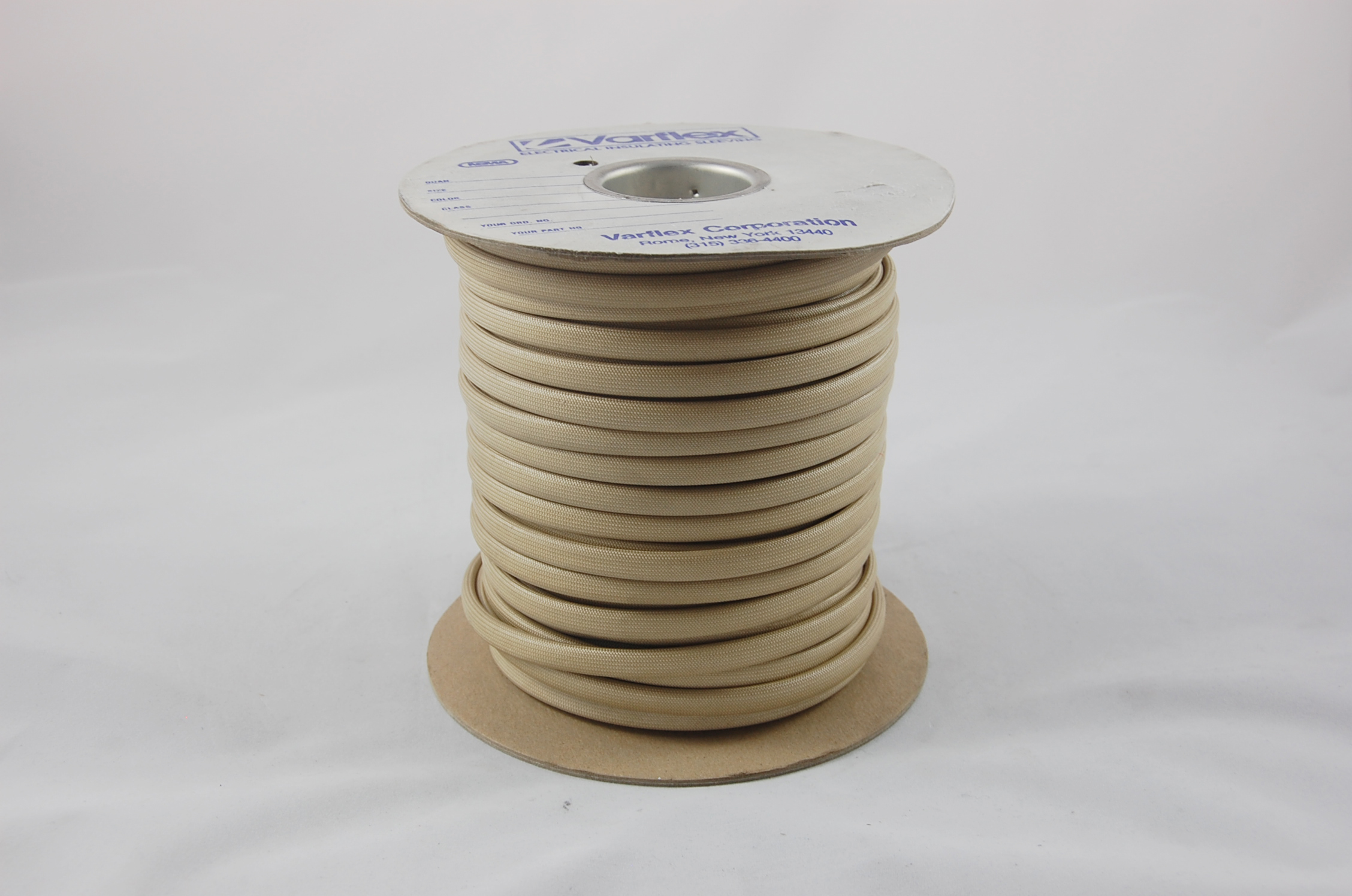 3/4" AWG Varglas 343 Grade F-C-1 (2500V) Acrylic Coated Braided Fiberglass Sleeving 155°C, natural, 100 FT per spool